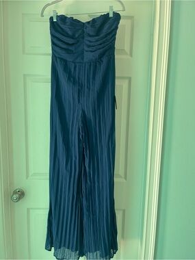 Lulu's Strapless Pleated Jumpsuit in Blue